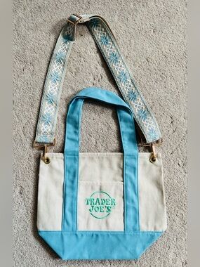 Trader Joe's Cream and Light Blue Canvas Tote with Embroidered Strap